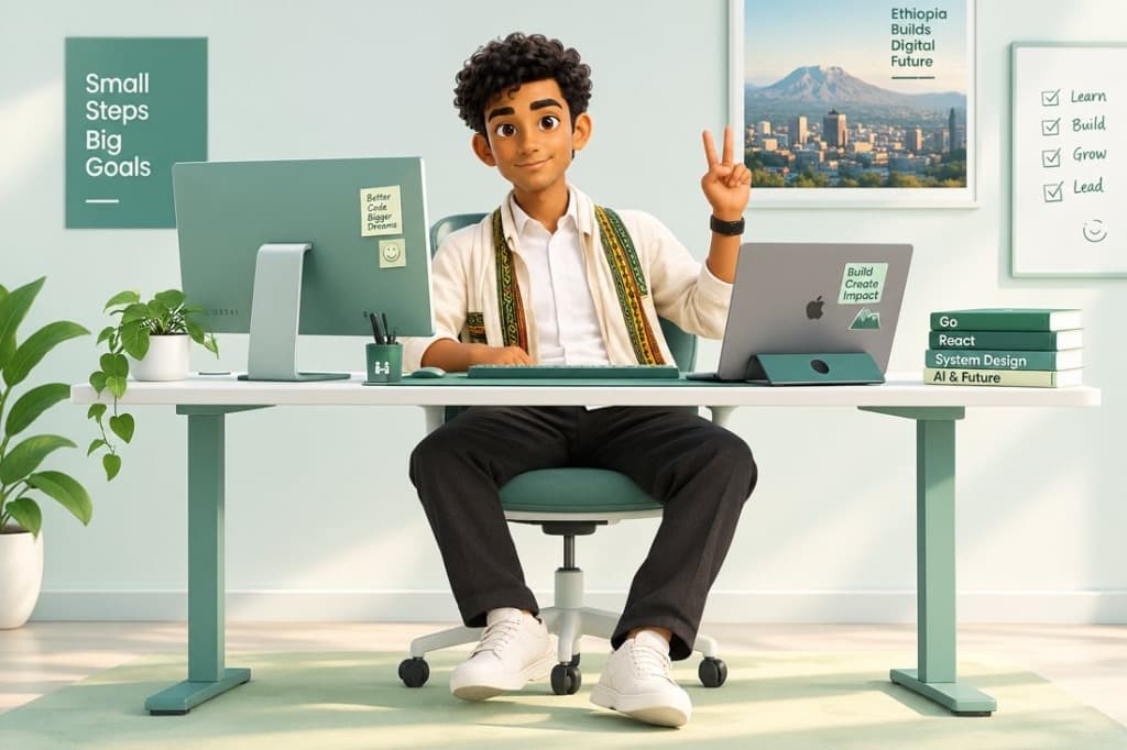 Ethiopian student freelancer working at desk